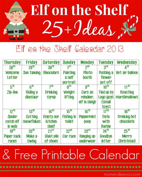 Elf On The Shelf Calendar Of Ideas