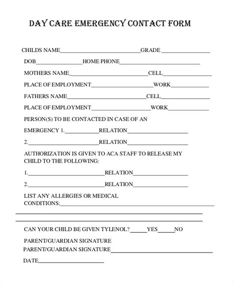 Emergency Contact Form Template For Child