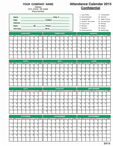 Employee Attendance Calendar 2026 Printable