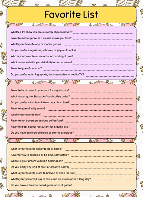 Employee Favorite Things List Printable