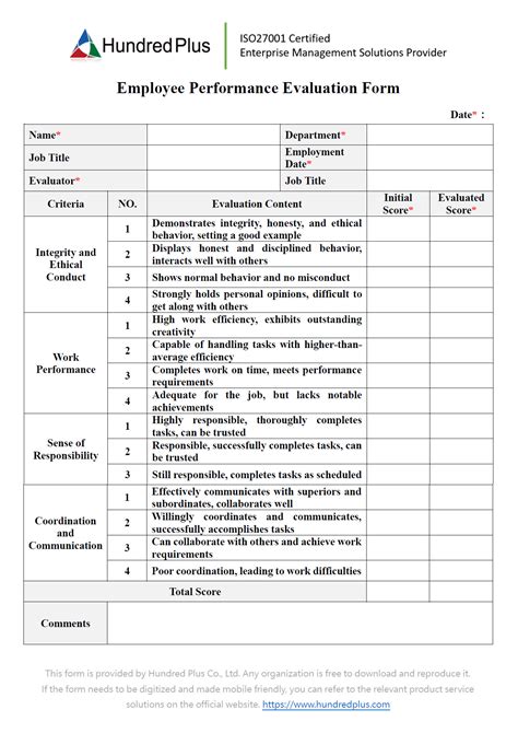 Employee Performance Evaluation Form Template