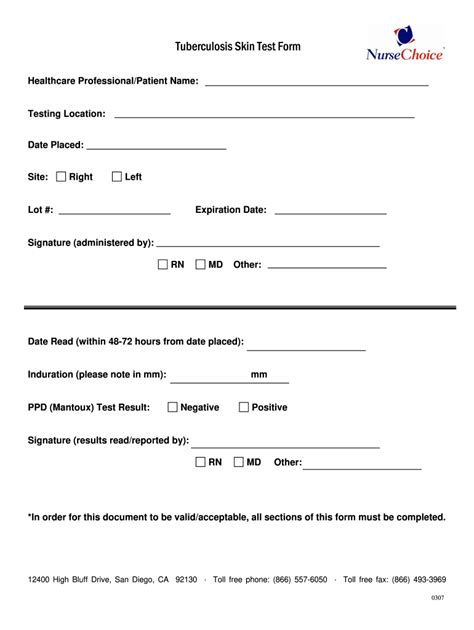 Employment Printable Tb Skin Test Form Template