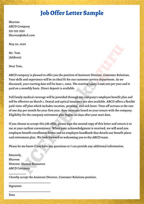 Free Printable Offer Letter Template Form (GENERIC)