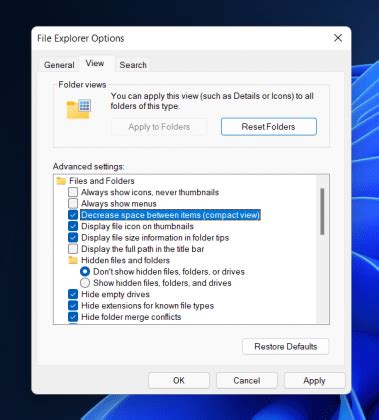 Enable File Explorer Compact View From The Folder Options Screen