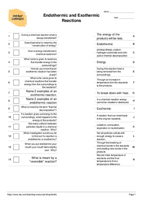 Endothermic Reactions Vs Exothermic Reactions Worksheet Answer Key