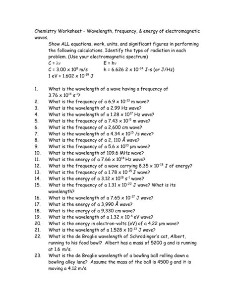 Energy Wavelength And Frequency Worksheet