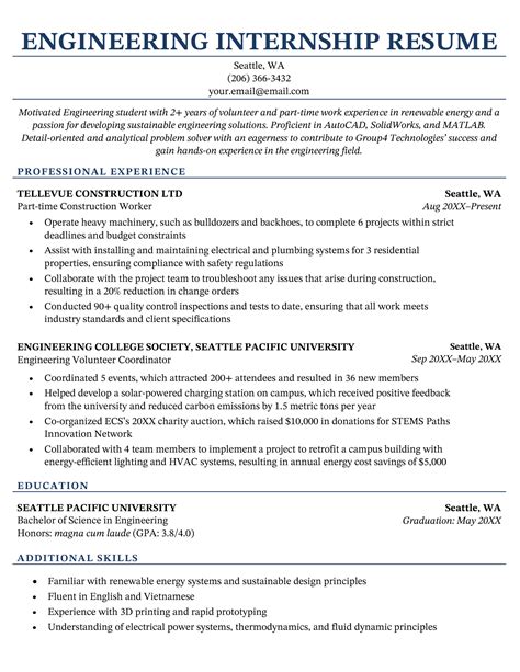 Engineering Resume Templates Internship Objective