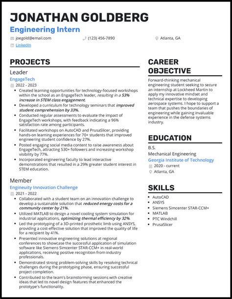 Engineering Student Resume For Internship