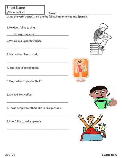 English To Spanish Translation Sentences Worksheets