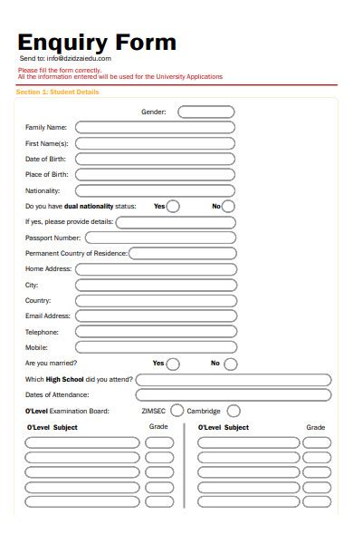 6+ Customer Enquiry Form Template Word Odr2017 with Enquiry Form