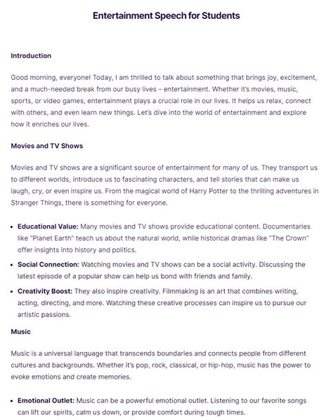 Entertainment Speech Examples