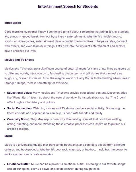 Entertainment Speech Examples For Students