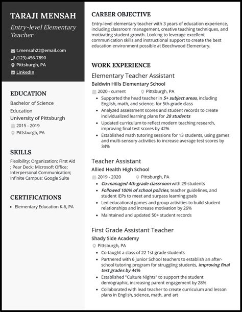 Entry Level Elementary Teacher Resume Examples