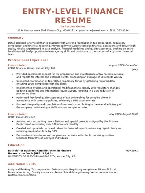 Entry Level Finance Resume Samples