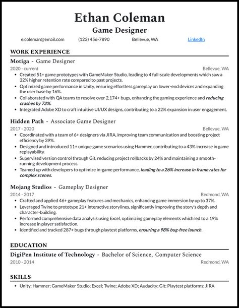 Entry Level Game Designer Resume Template