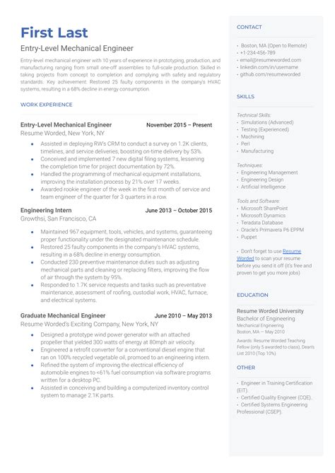 Entry Level Mechanical Engineer Resume Sample