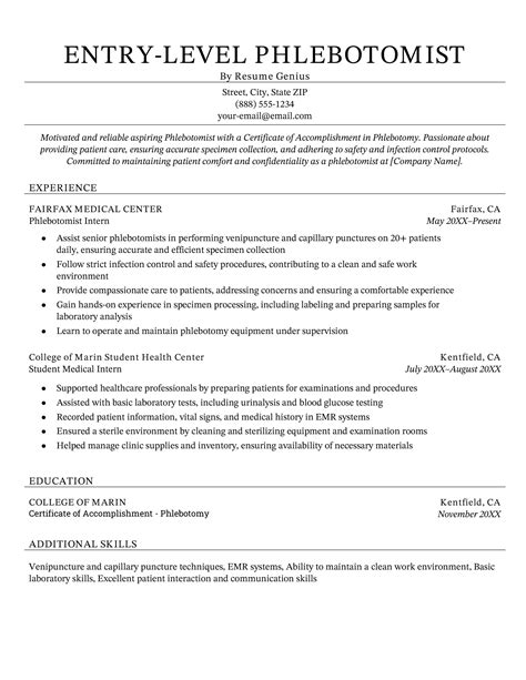 Entry Level Phlebotomy Resume Sample