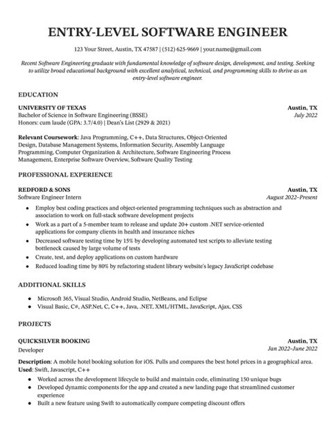 Entry Level Software Engineer Resume Sample
