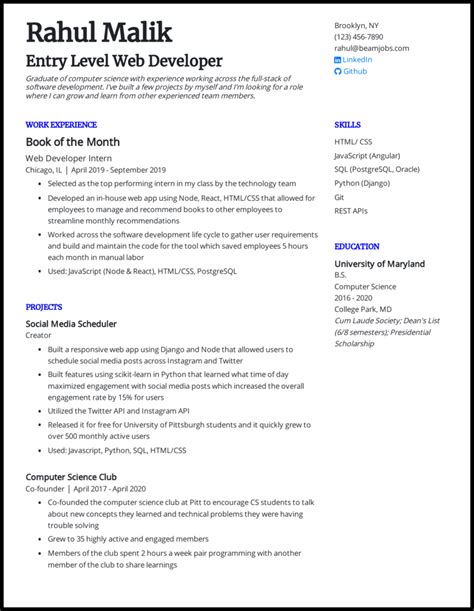 Entry Web Developer Resume Template