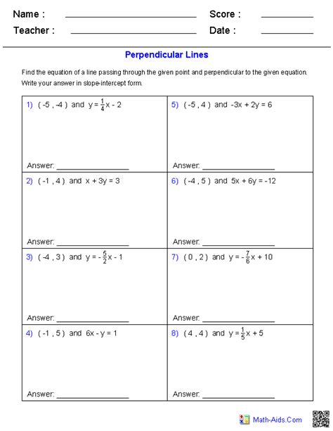 Equations Of Perpendicular And Parallel Lines Worksheet