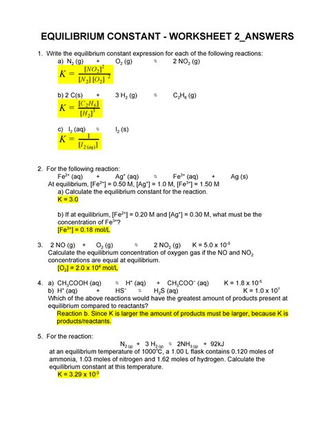 Equilibrium Constant Worksheet Answers