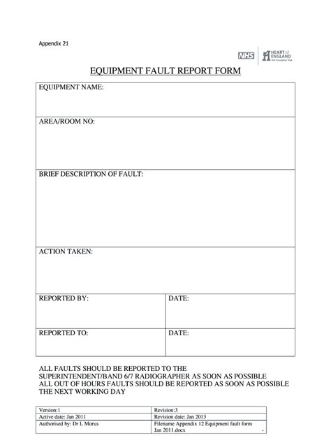 Equipment Fault Report Template