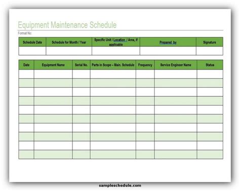 Equipment Maintenance Schedule Template Excel