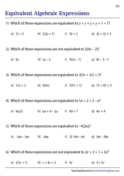 Equivalent Algebraic Expressions Worksheet