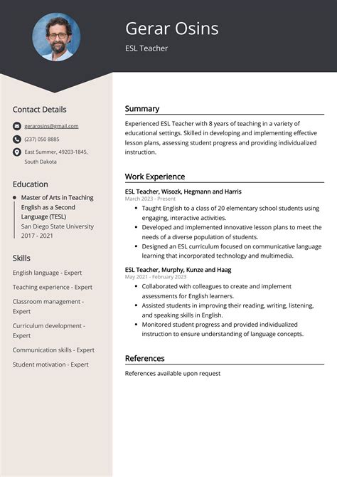 Esl Teacher Resume Sample