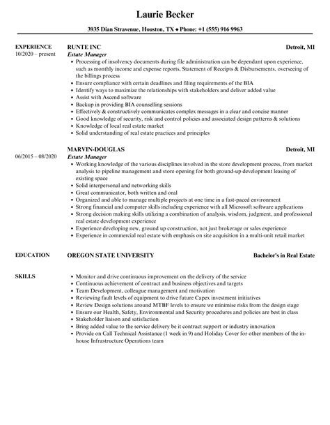 Estate Manager Resume Sample