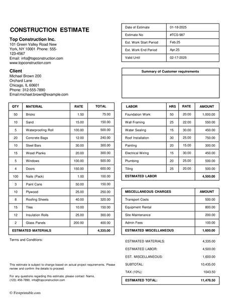Estimate Templates For Contractors