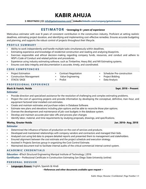 Estimator Resume Sample