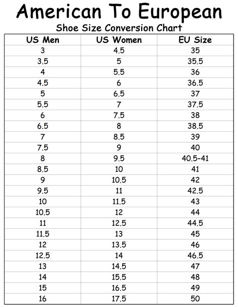 European Size Chart Shoes To Us