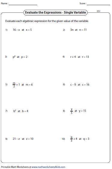 Evaluate Algebraic Expressions Worksheet