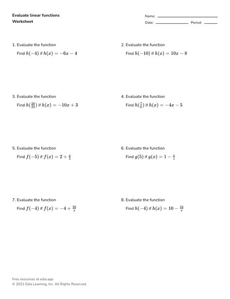 Evaluate Functions Worksheet Algebra 1