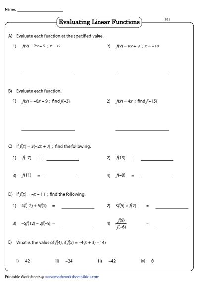 Evaluating Linear Functions Worksheet