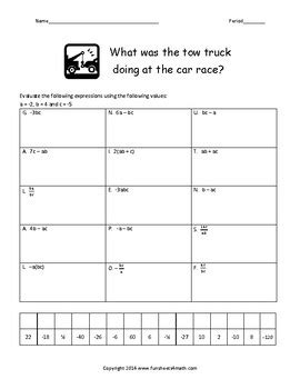 Evaluating Algebraic Expressions Worksheet Bundle by Funsheets4math