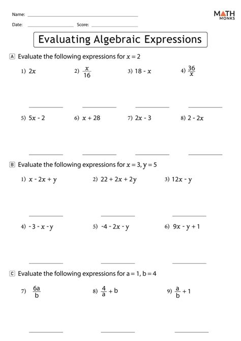 Evaluating Algebraic Expressions Worksheet PDF - (PRINTABLE)