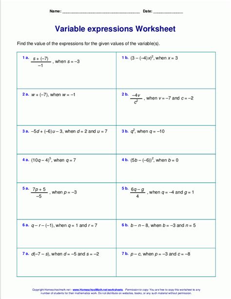 Evaluating Variable Expressions Worksheet — db-excel.com