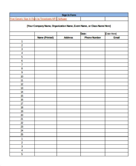 Event Sign In Sheet Template Word
