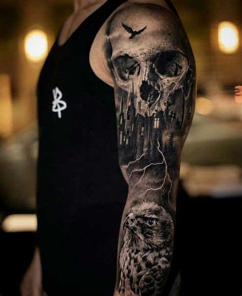 Midevil pile of skulls color half sleeve by Andre Cheko