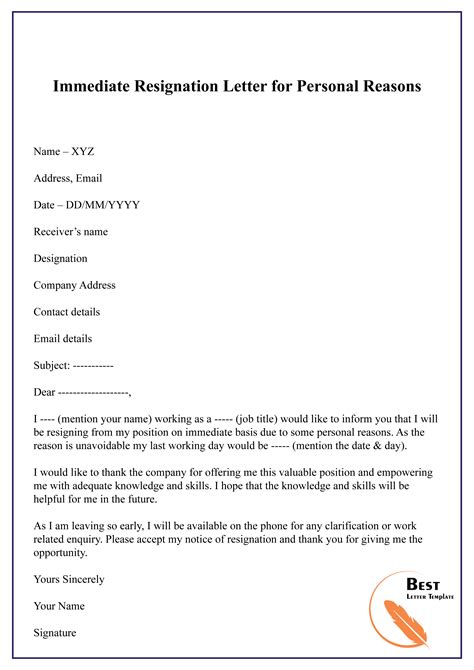 Immediate Resignation Letter For Personal Reasons Best Resignation Letter