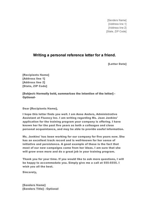 Example And Template For Personal Or Character Reference Letter