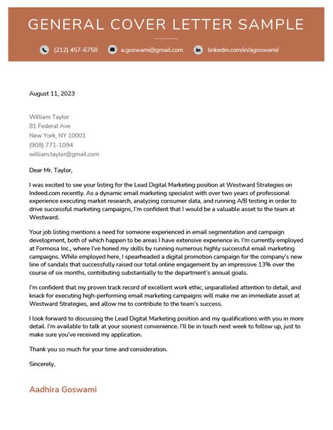 Example Cover Letter For Resume General