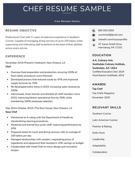 Example Resume For Chef Position