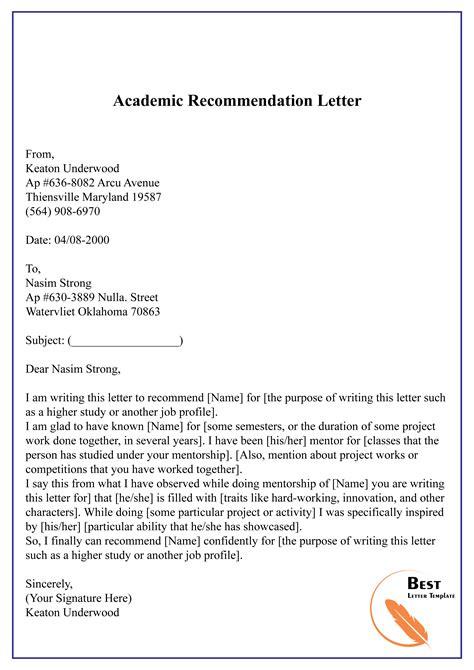 Examples Of Academic Reference Letters