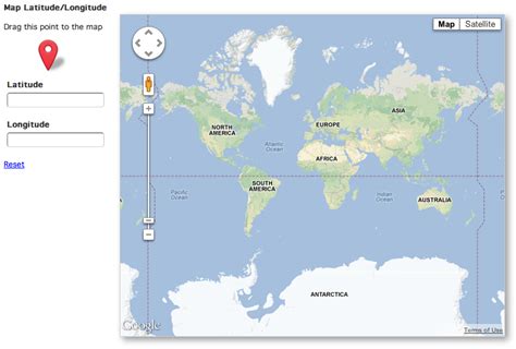 A Google Map with latitude and longitude markers