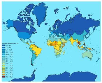 Map of the world with temperatures