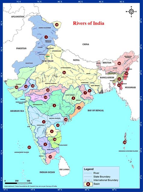Illustration of Rivers of India in a Map