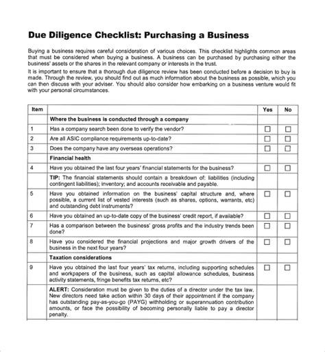 Excel Due Diligence Checklist Template
